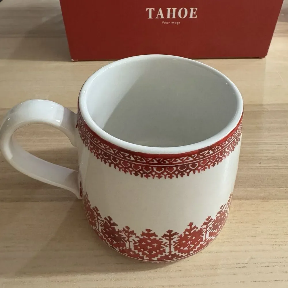Pottery Barn Tahoe Fair Isle Icon Stoneware Mug Set of 4 Christmas NIB